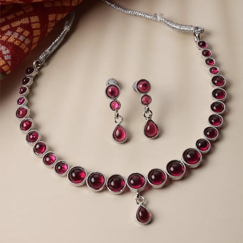 Oxidised Silver-Plated Round Diamond Necklace Set